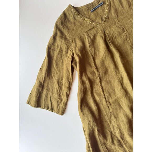 GUDRUN SJODEN Lagenlook Olive Green Linen Oversized V-Neck Tunic Dress, Size M - Picture 8 of 14